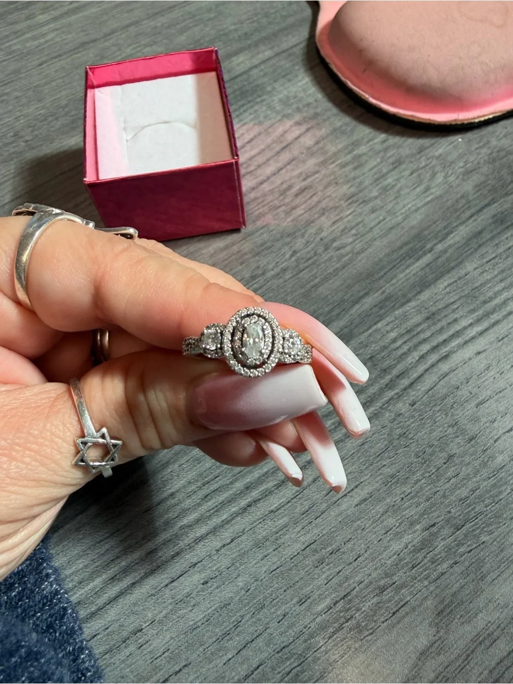 Silver-Tone Oval Halo Cubic Zirconia Women's Ring - Silver Size 8